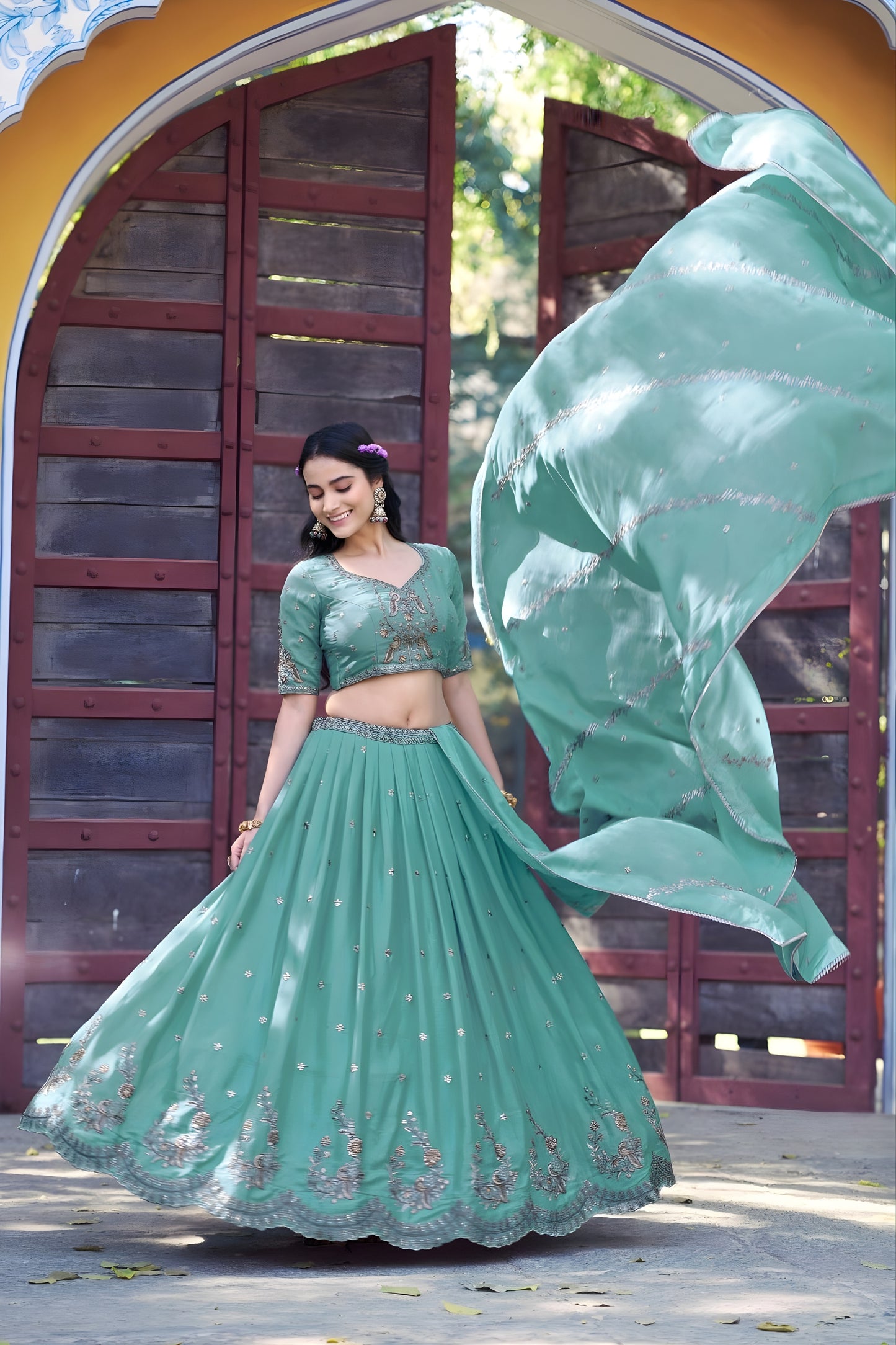 Lovely Sea Green Embroidered Georgette Lehenga Choli with Dupatta for Women