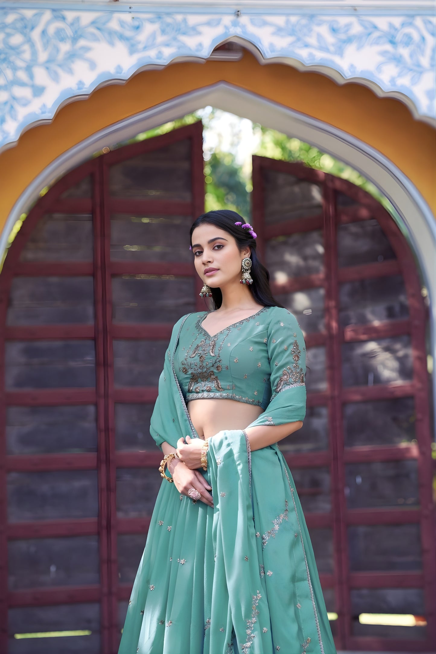 Lovely Sea Green Embroidered Georgette Lehenga Choli with Dupatta for Women