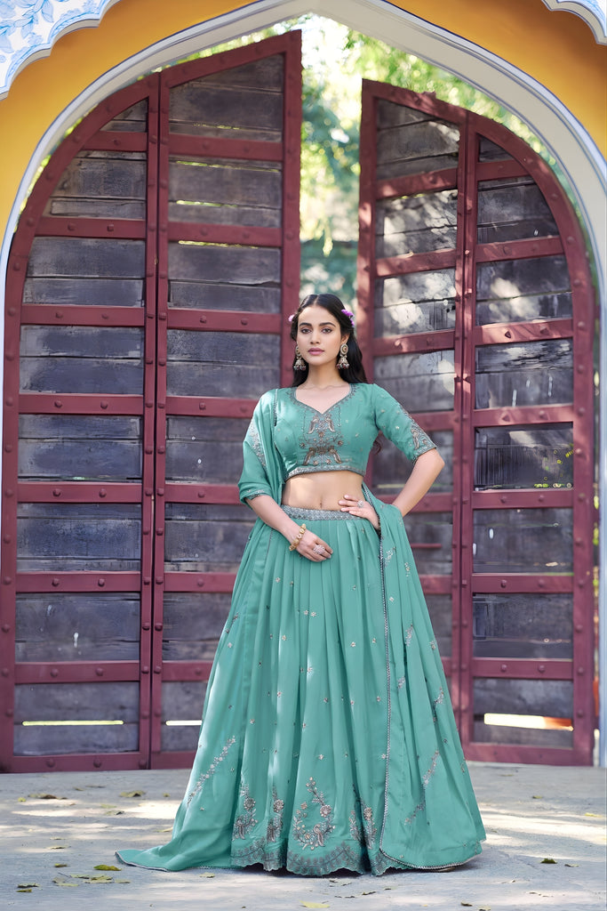 Lovely Sea Green Embroidered Georgette Lehenga Choli with Dupatta for Women