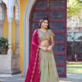 Stylish Pista Green Embroidered Georgette Lehenga Choli with Pink Dupatta for Women