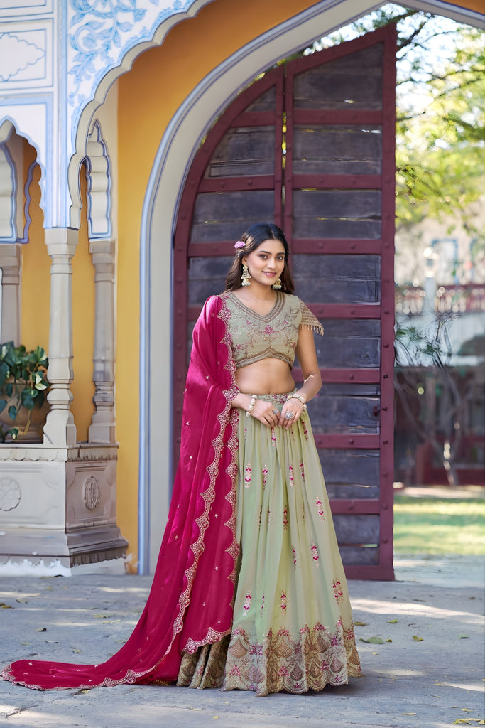 Stylish Pista Green Embroidered Georgette Lehenga Choli with Pink Dupatta for Women