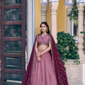Attractive Pink Embroidered Georgette Lehenga Choli with Wine Dupatta for Women