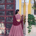 Attractive Pink Embroidered Georgette Lehenga Choli with Wine Dupatta for Women