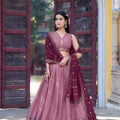 Attractive Pink Embroidered Georgette Lehenga Choli with Wine Dupatta for Women