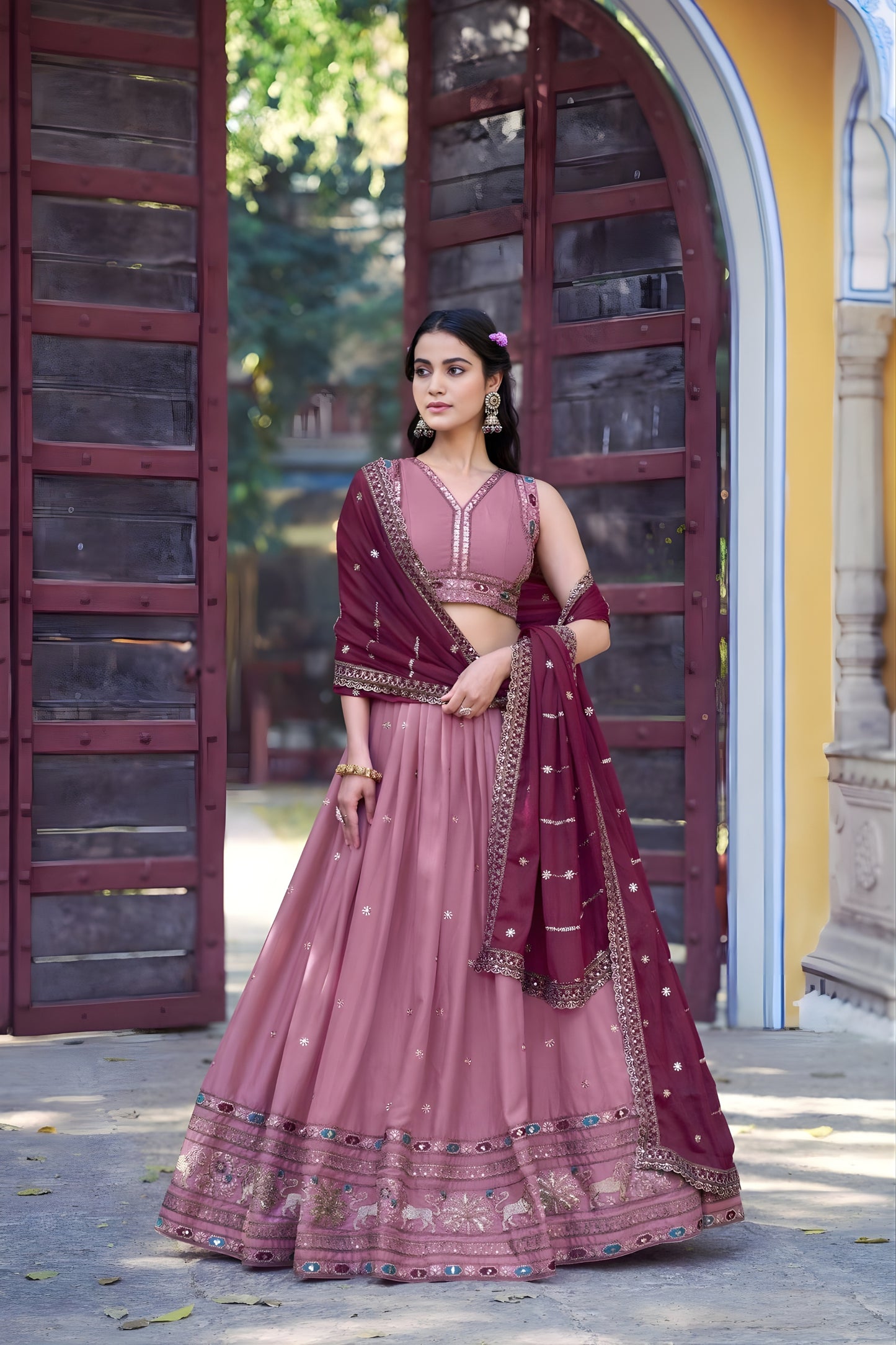Attractive Pink Embroidered Georgette Lehenga Choli with Wine Dupatta for Women