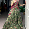 Elegant Olive Green Foil Printed Tassar Silk Lehenga Choli with Pink Dupatta for Women