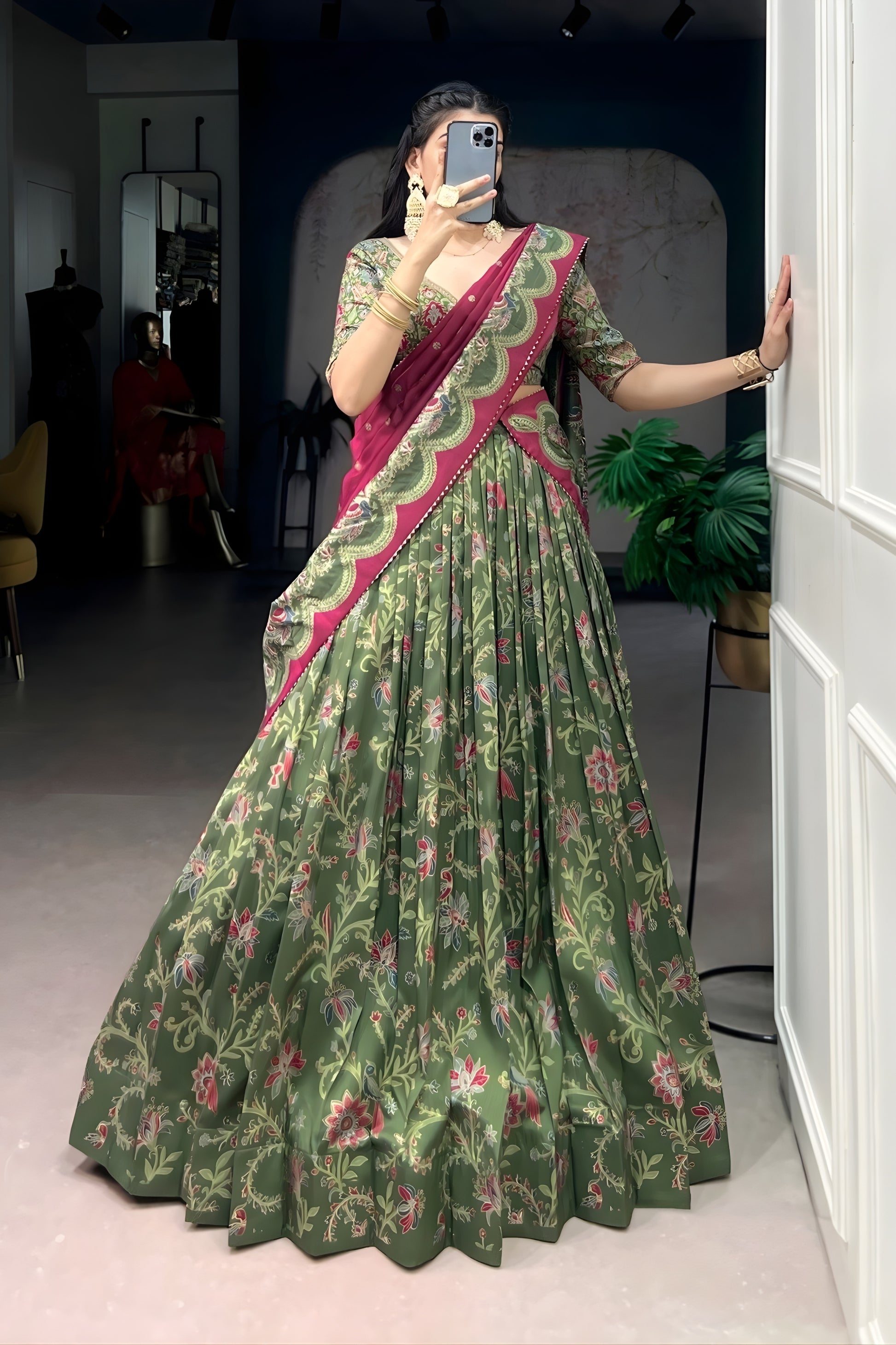 Elegant Olive Green Foil Printed Tassar Silk Lehenga Choli with Pink Dupatta for Women