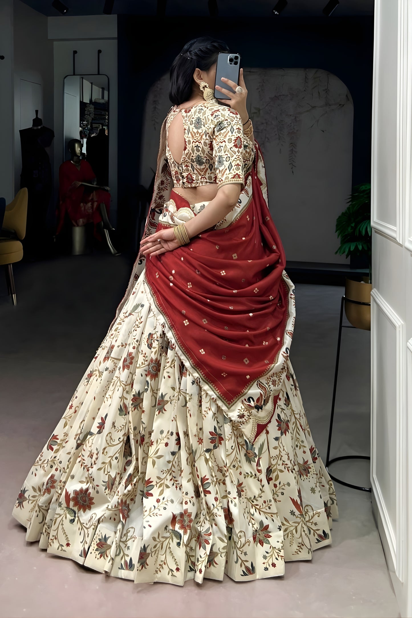 Festive Off White Foil Printed Tassar Silk Lehenga Choli with Maroon Dupatta for Women