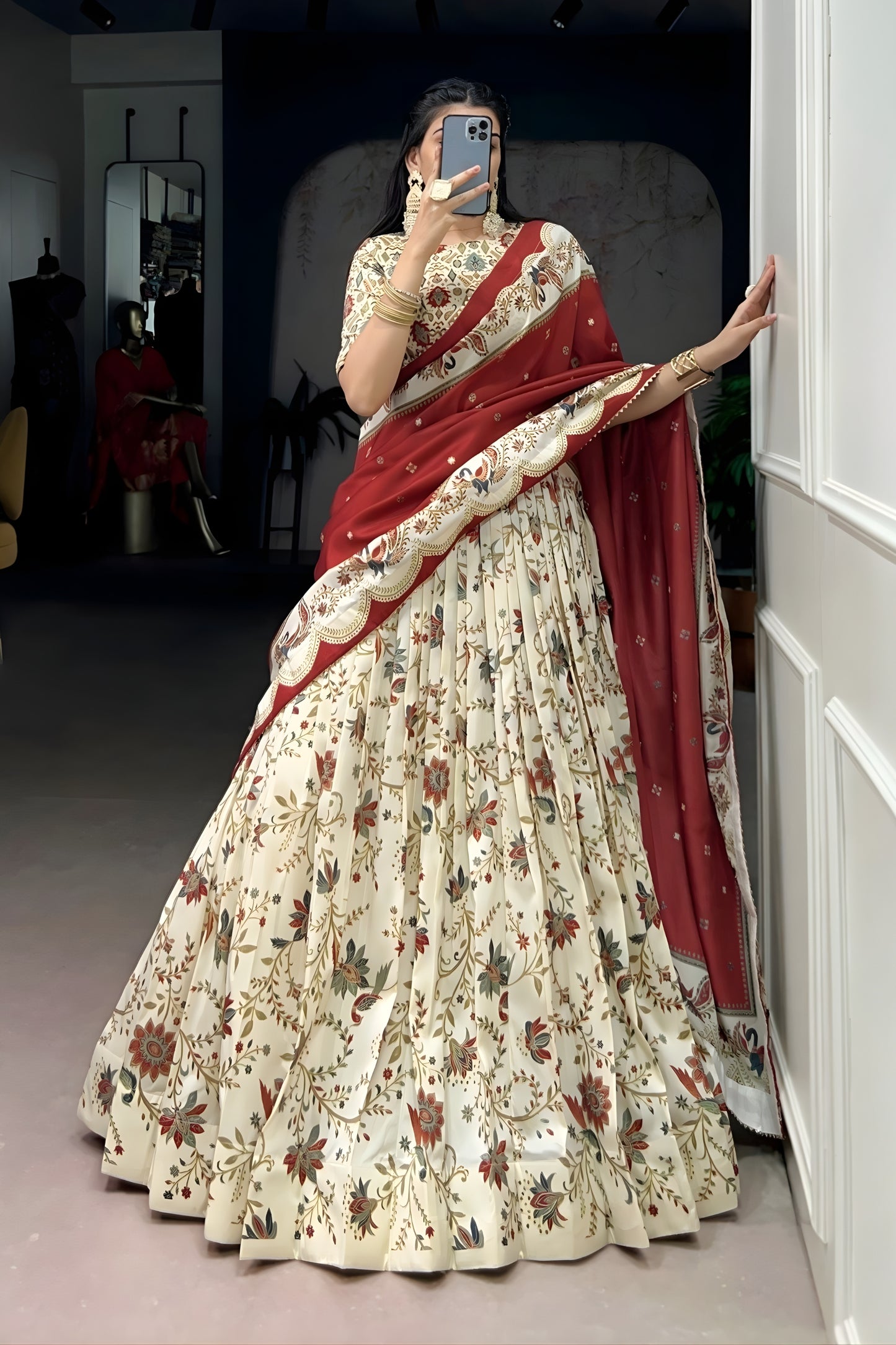 Festive Off White Foil Printed Tassar Silk Lehenga Choli with Maroon Dupatta for Women