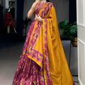 Stylish Pink Foil Printed Tassar Silk Lehenga Choli with Mustard Dupatta for Women