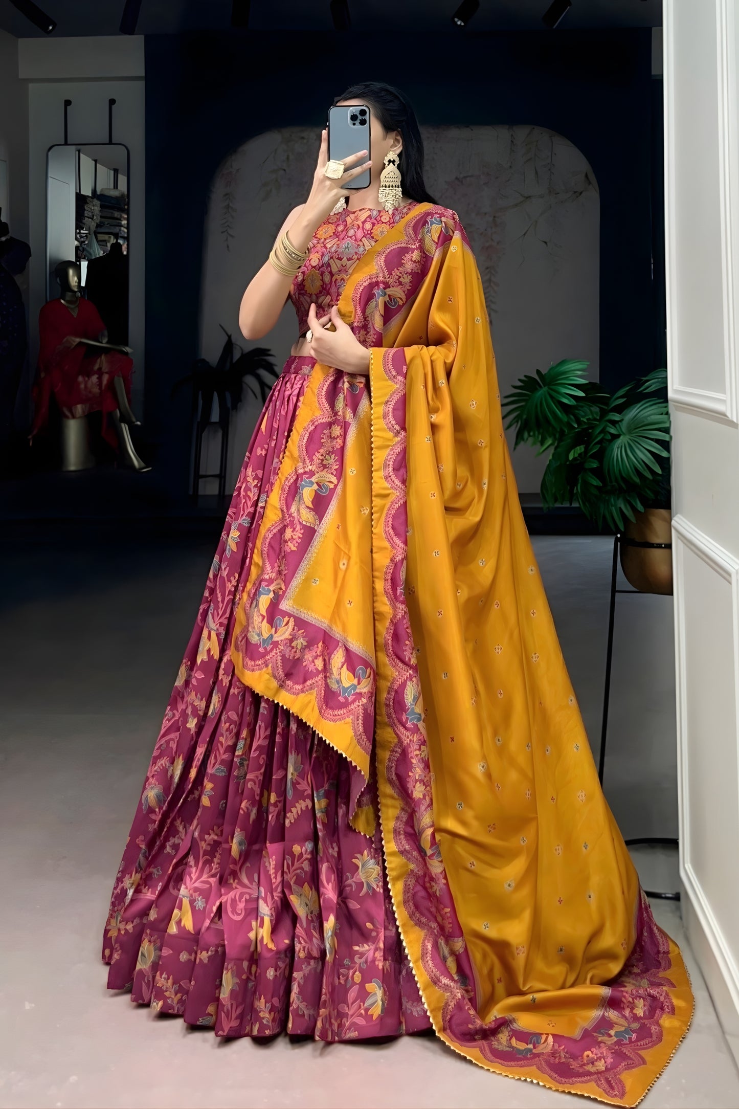 Stylish Pink Foil Printed Tassar Silk Lehenga Choli with Mustard Dupatta for Women