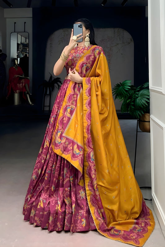 Stylish Pink Foil Printed Tassar Silk Lehenga Choli with Mustard Dupatta for Women