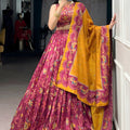 Stylish Pink Foil Printed Tassar Silk Lehenga Choli with Mustard Dupatta for Women
