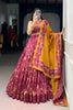 Stylish Pink Foil Printed Tassar Silk Lehenga Choli with Mustard Dupatta for Women
