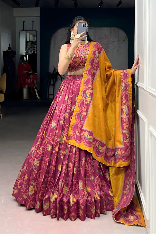 Stylish Pink Foil Printed Tassar Silk Lehenga Choli with Mustard Dupatta for Women