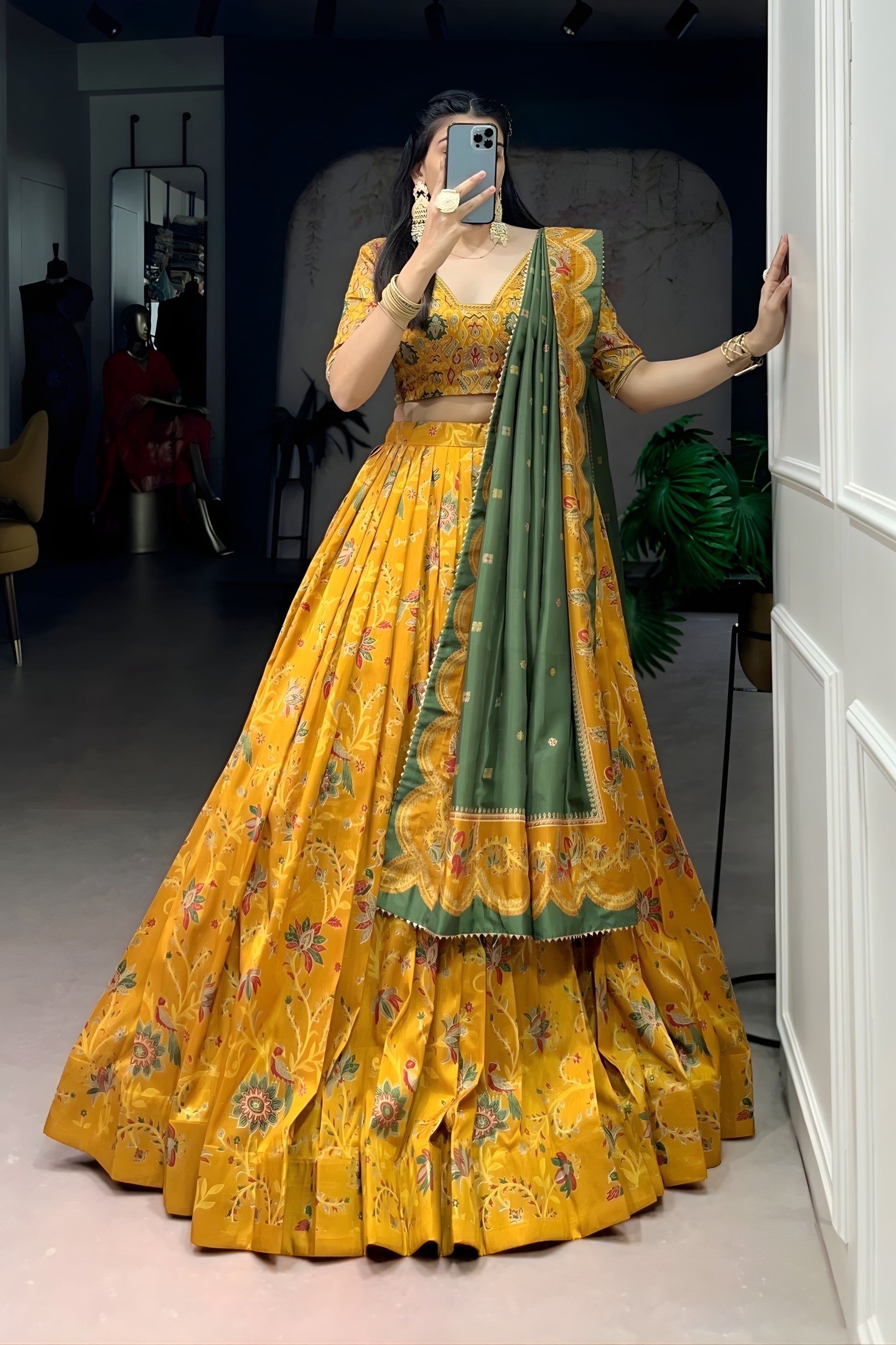 Admiring Mustard Yellow Foil Printed Tassar Silk Lehenga Choli with Green Dupatta for Women