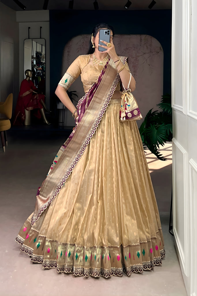 Elegant Beige Shimmer Organza Lehenga Choli with Dupatta for Women