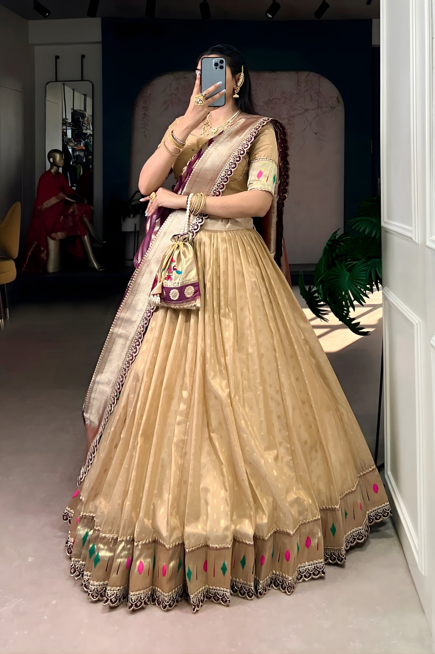 Elegant Beige Shimmer Organza Lehenga Choli with Dupatta for Women
