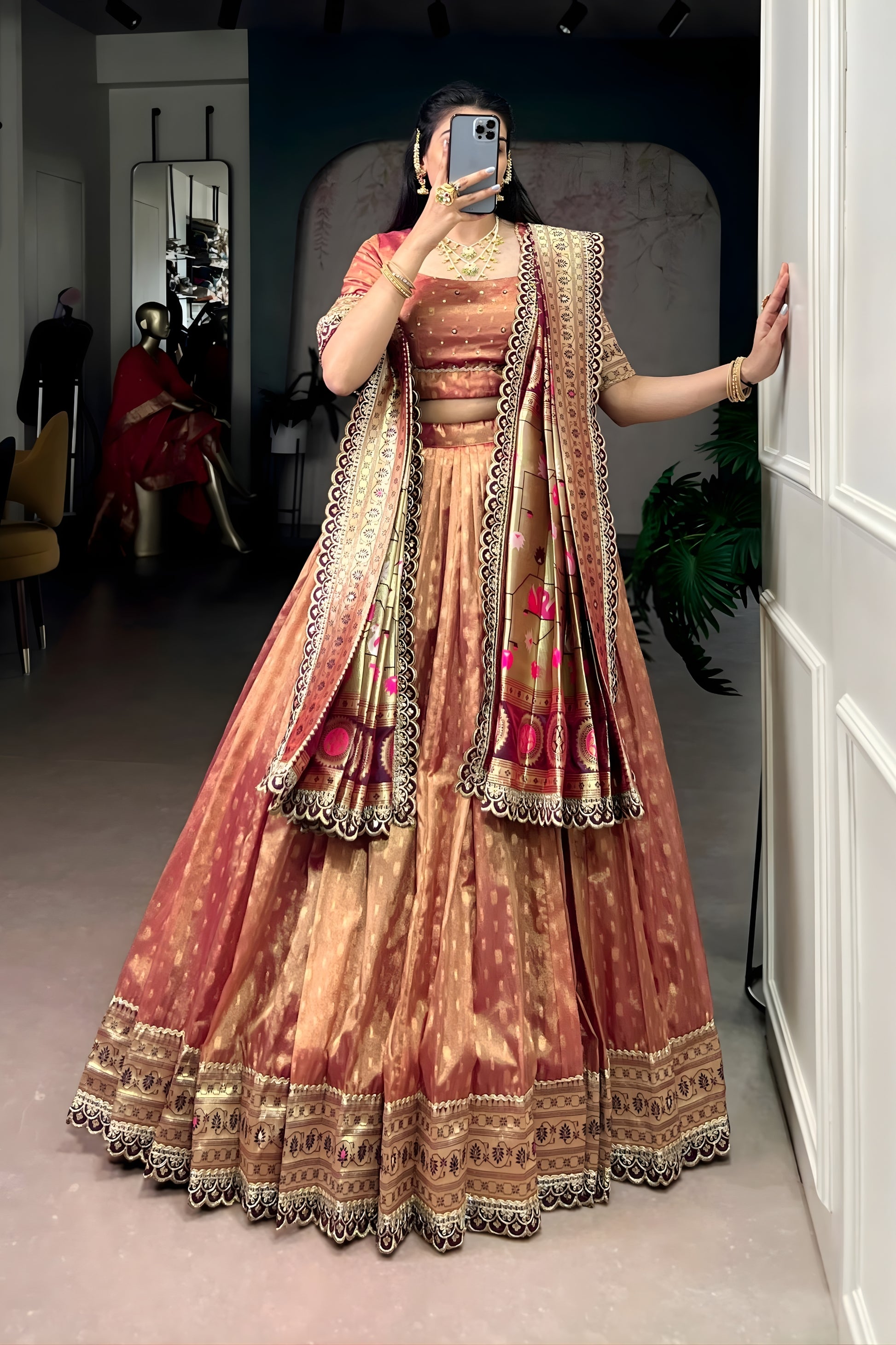 Stylish Rose Gold Shimmer Organza Lehenga Choli with Designer Dupatta for Women