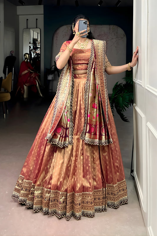 Stylish Rose Gold Shimmer Organza Lehenga Choli with Designer Dupatta for Women