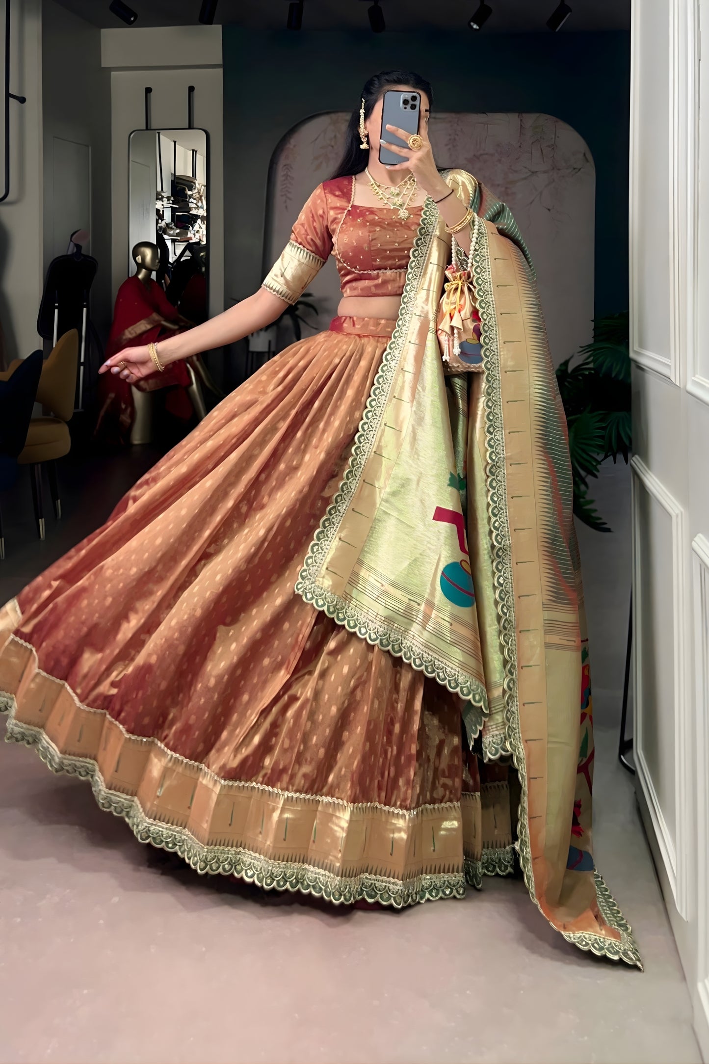 Stylish Rose Gold Shimmer Organza Lehenga Choli with Designer Dupatta for Women