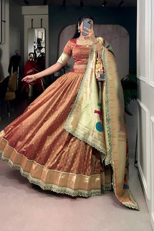 Stylish Rose Gold Shimmer Organza Lehenga Choli with Designer Dupatta for Women
