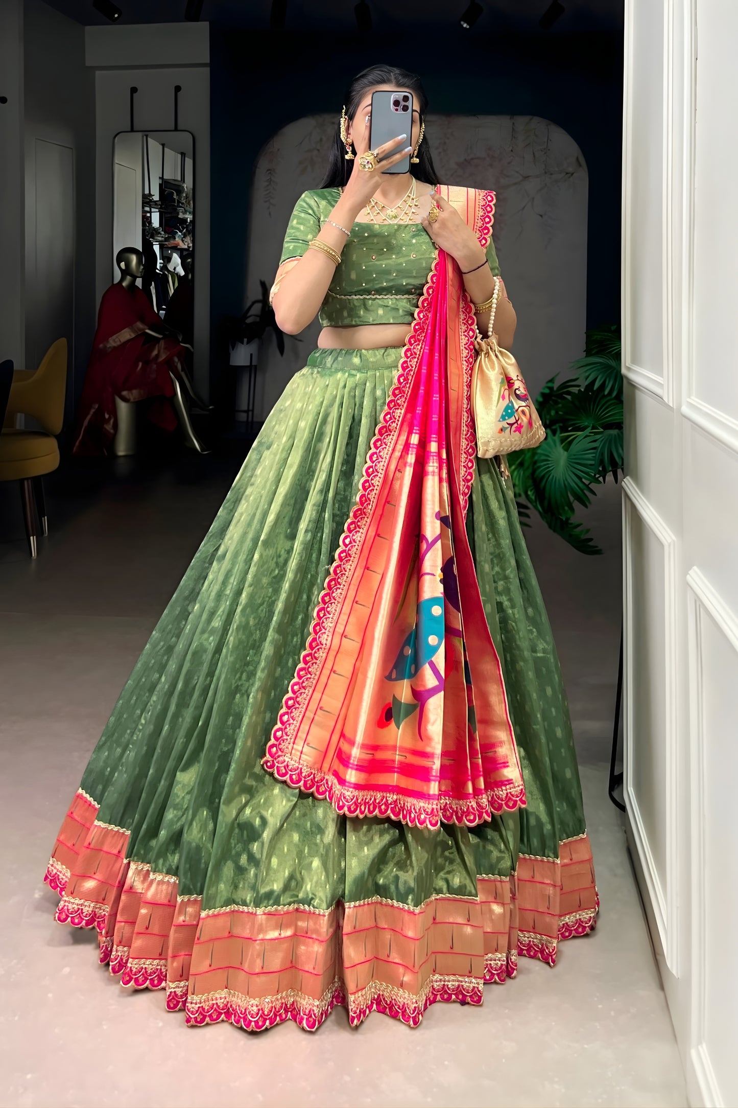 Graceful Olive Green Shimmer Organza Lehenga Choli with Designer Dupatta for Women