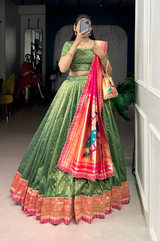 Graceful Olive Green Shimmer Organza Lehenga Choli with Designer Dupatta for Women