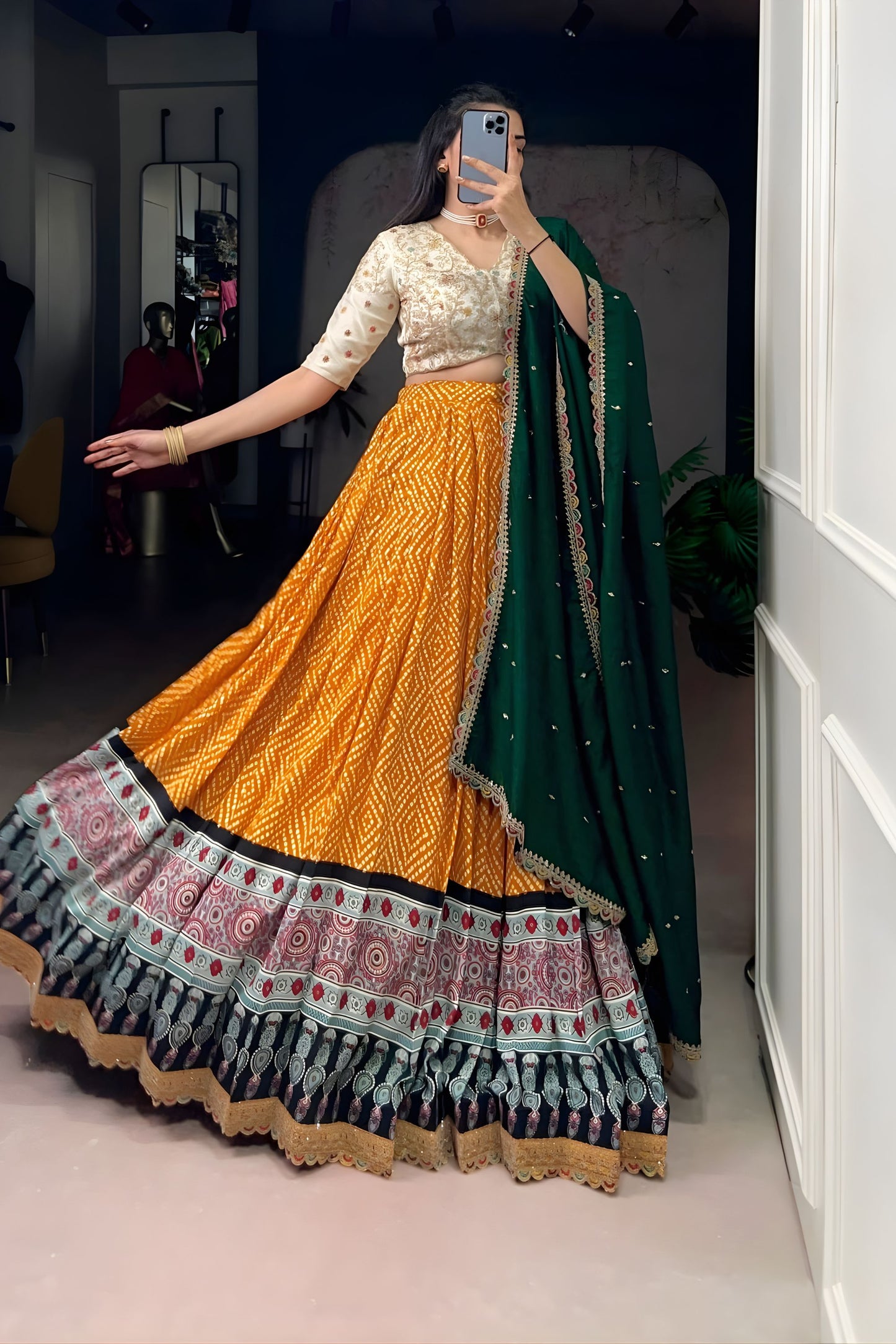Mustard Yellow Printed Lehenga Set with Embroidered Blouse