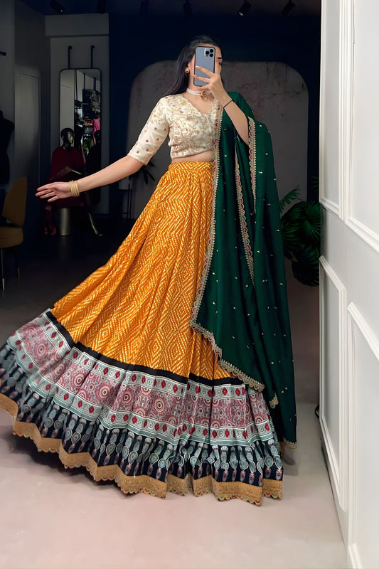 Mustard Yellow Printed Lehenga Set with Embroidered Blouse