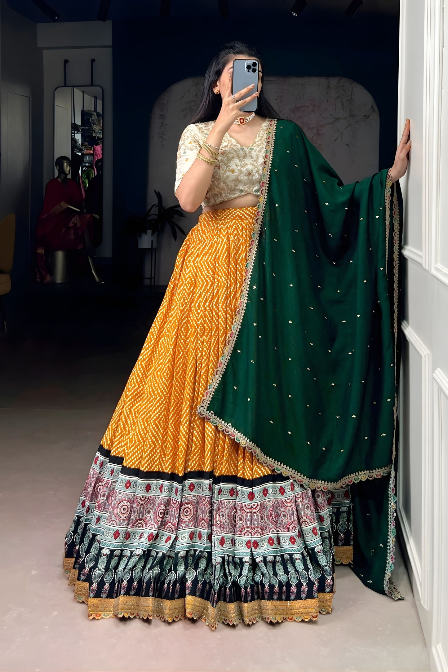 Mustard Yellow Printed Lehenga Set with Embroidered Blouse