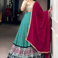 Teal Green Printed Lehenga Set with Embroidered Blouse