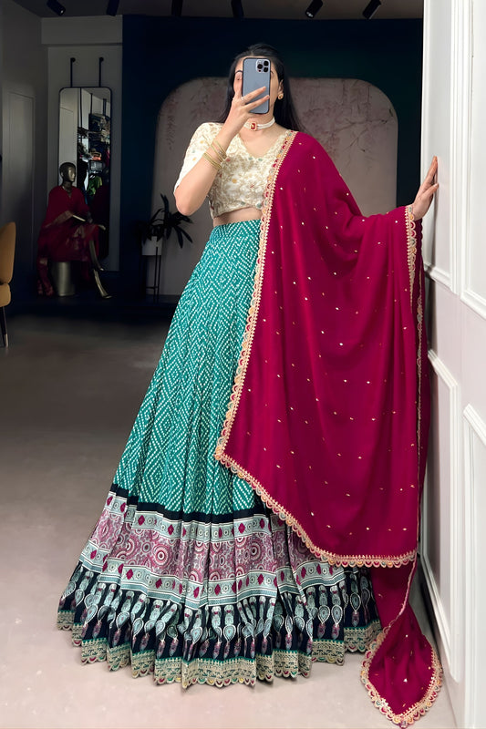 Teal Green Printed Lehenga Set with Embroidered Blouse