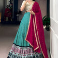 Teal Green Printed Lehenga Set Embroidered Blouse