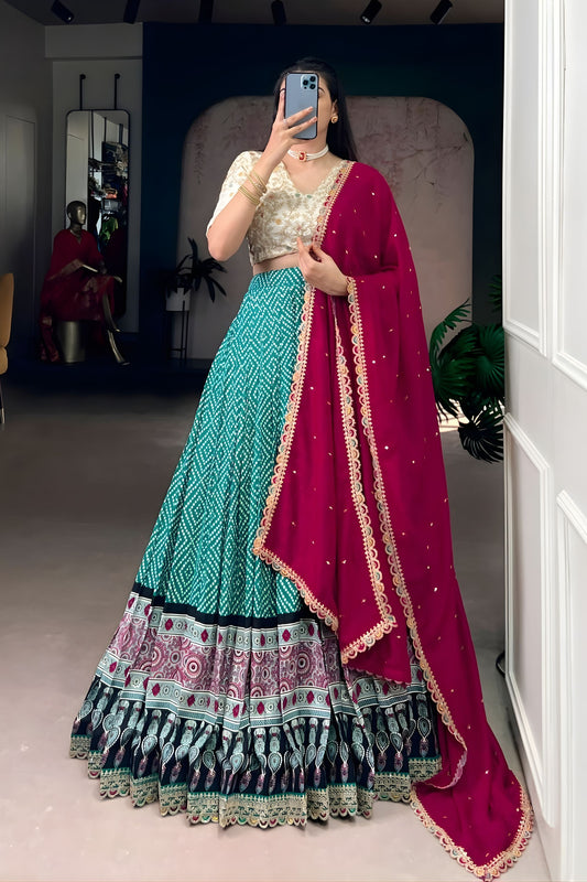 Teal Green Printed Lehenga Set Embroidered Blouse