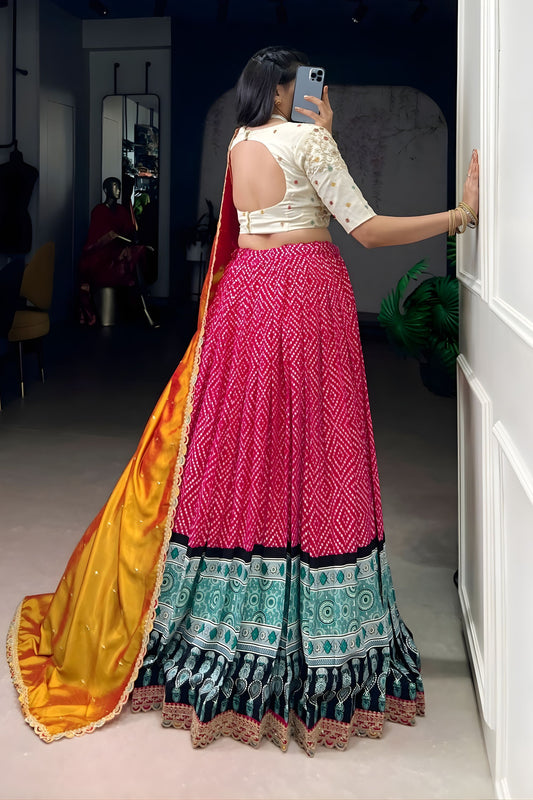 Rani Pink Printed Lehenga Set with Embroidered Blouse