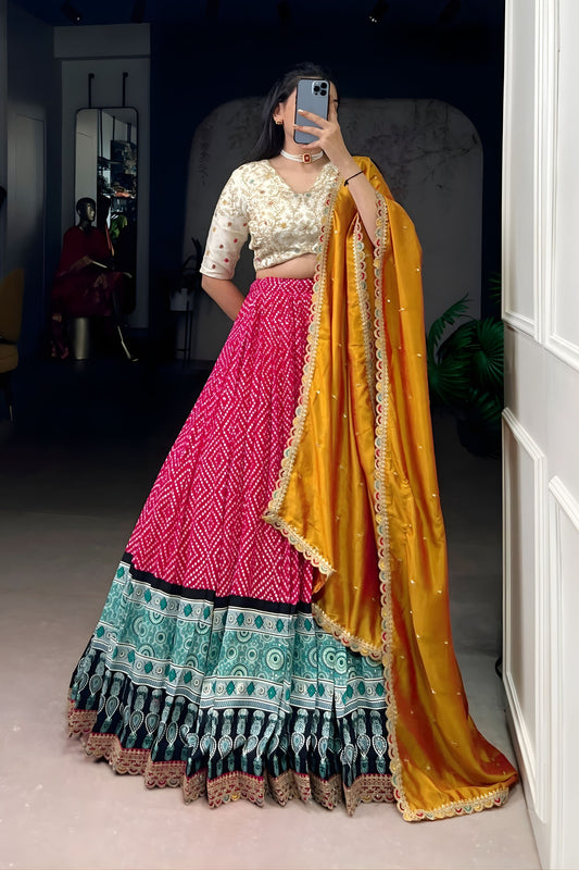 Rani Pink Printed Lehenga Set with Embroidered Blouse