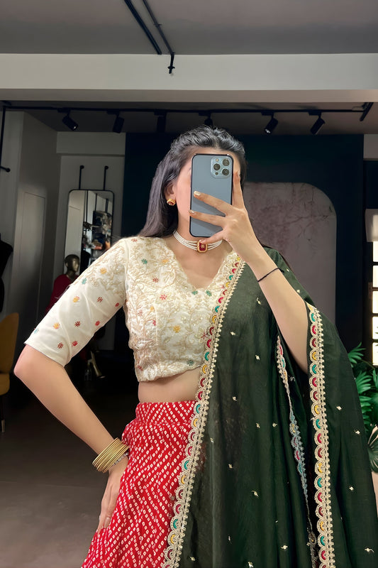 Rani Red Printed Lehenga Set with Embroidered Blouse End Dupatta