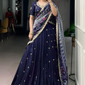 Navy Blue Embroidered Lehenga Set with Designer Printed Dupatta