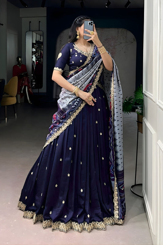 Navy Blue Embroidered Lehenga Set with Designer Printed Dupatta