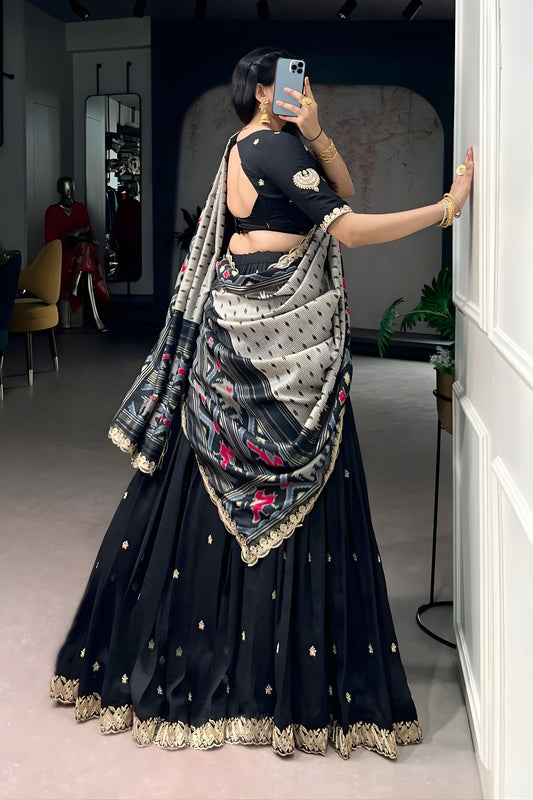 Midnight Black Embroidered Lehenga Set with Designer Printed Dupatta