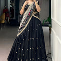 Midnight Black Embroidered Lehenga Set with Designer Printed Dupatta