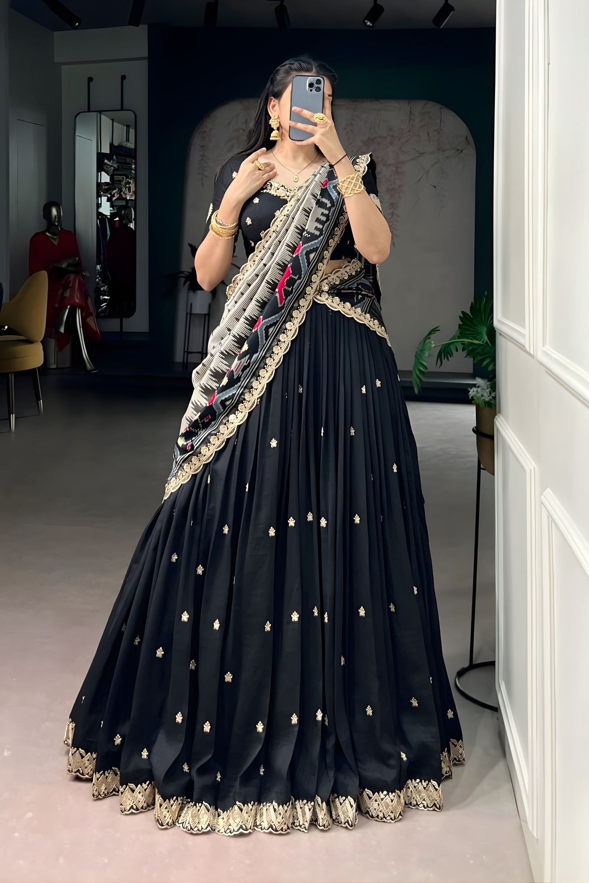Midnight Black Embroidered Lehenga Set with Designer Printed Dupatta