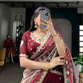 Wine Maroon Embroidered Lehenga Set Designer Printed Dupatta