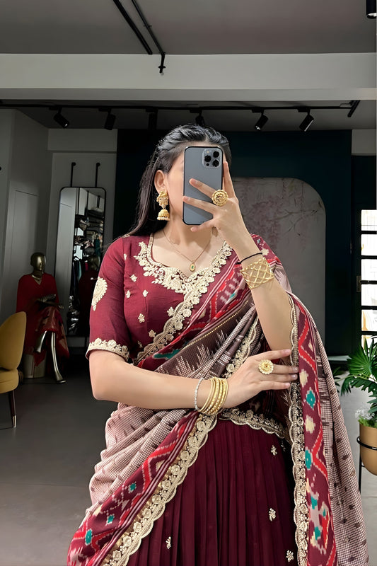 Wine Maroon Embroidered Lehenga Set Designer Printed Dupatta