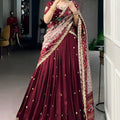 Wine Maroon Embroidered Lehenga Set Designer Printed Dupatta