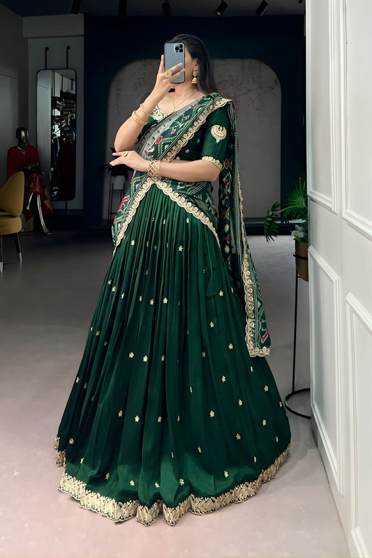 Emerald Green Embroidered Lehenga Set with Designer Printed Dupatta
