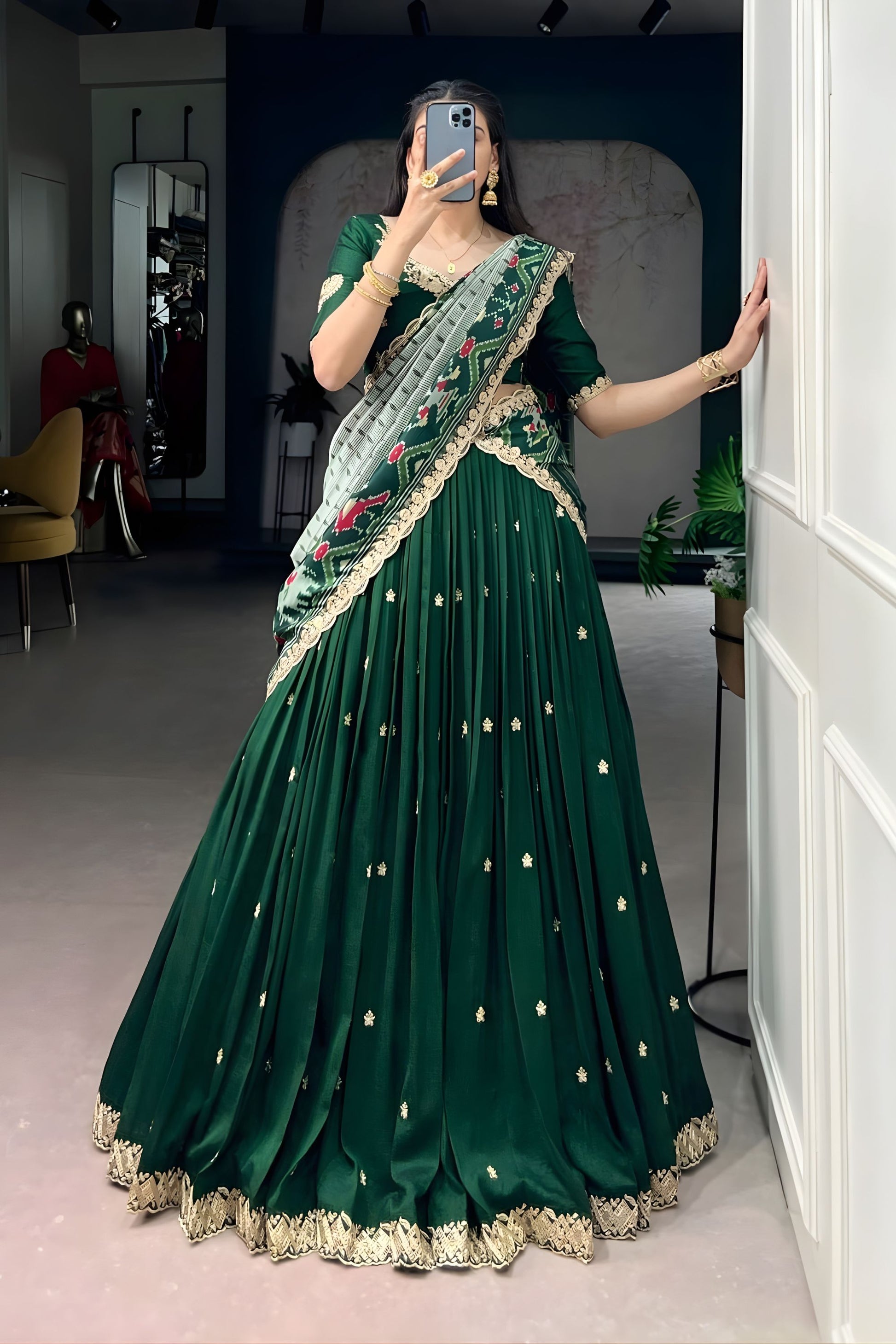 Emerald Green Embroidered Lehenga Set with Designer Printed Dupatta