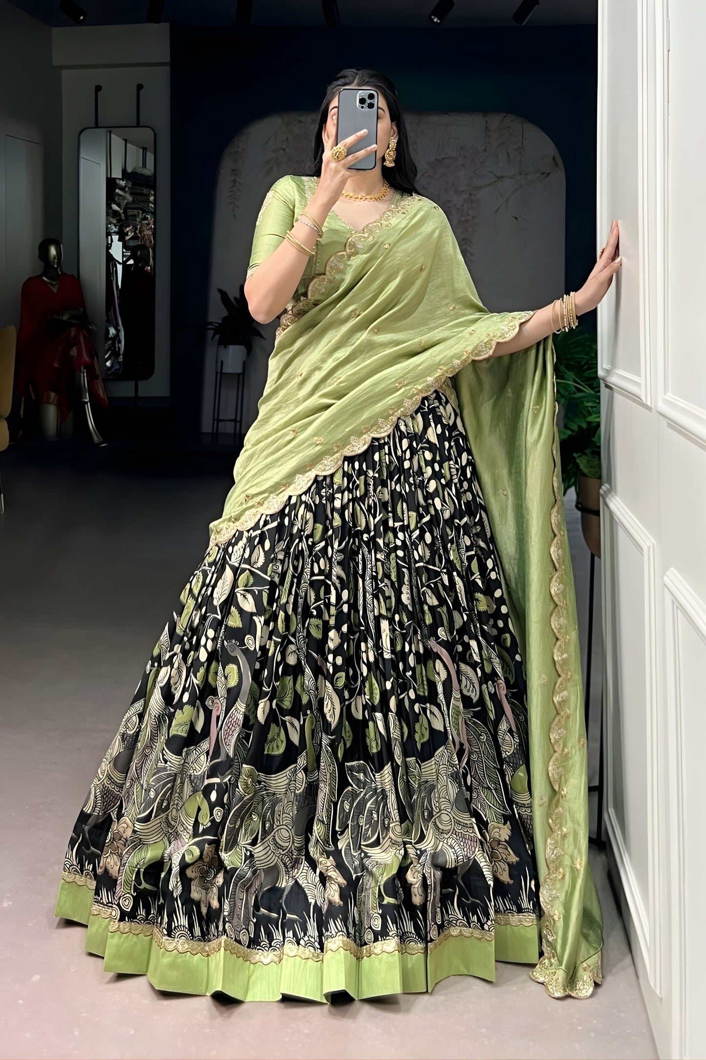 Pista Green Printed Lehenga Set with Embroidered Dupatta
