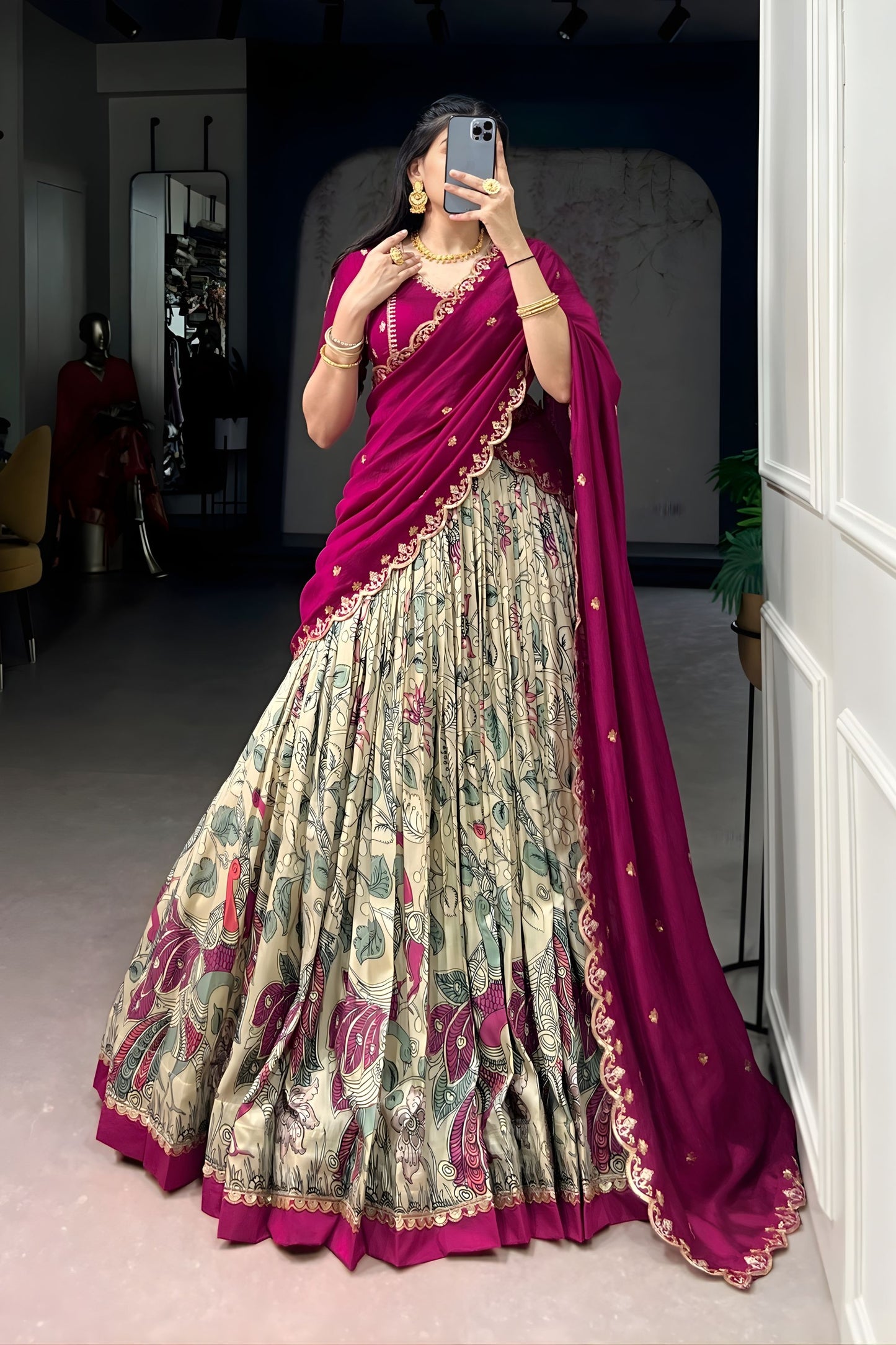 Magenta Floral Printed Lehenga Set with Embroidered Dupatta